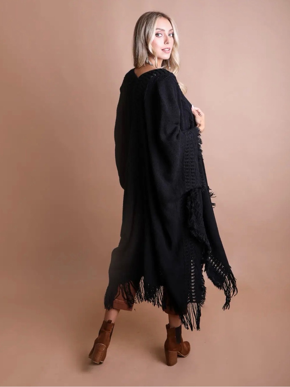 Black Boho Fringe Ruana - Picture 2 of 2